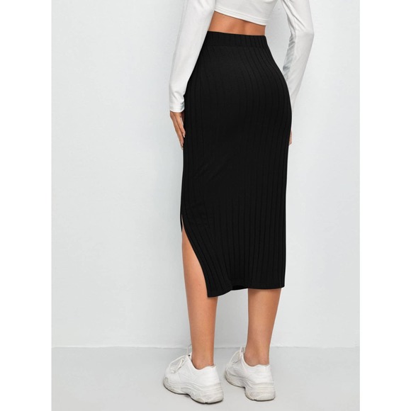 Slit Hem Rib knit Pencil Skirt midi business casual black - Picture 2 of 11